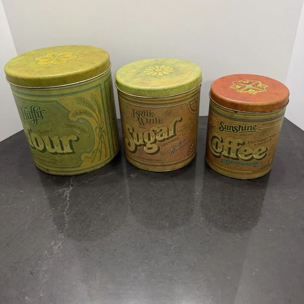 Vintage Ballonoff Flour Sugar Coffee Tin Canister Set MCM Retro Kitchen Litho US